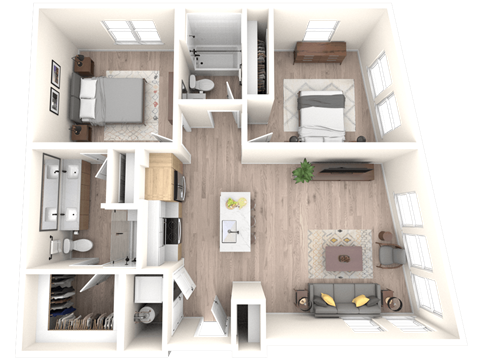 Floor plan for 2 beds, 2 baths, 997 sqft